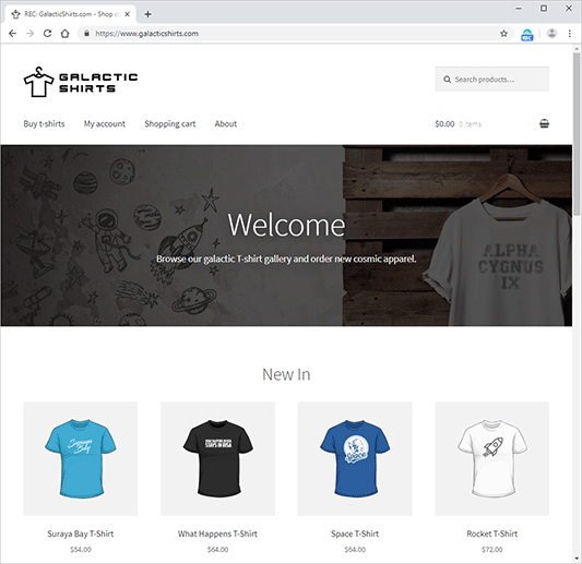 Screenshot der Homepage Galactic Shirts