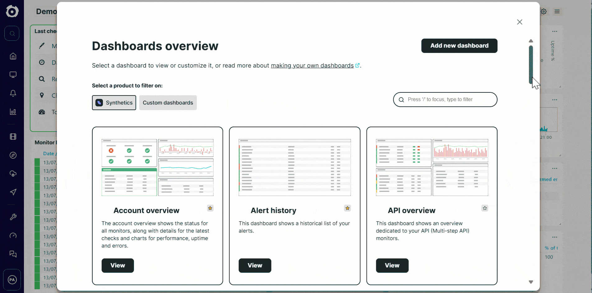 Ansicht vordefinierter Dashboards in Uptrends