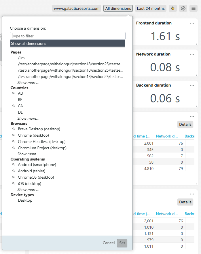 Dimensionen-Filter in RUM Dashboards