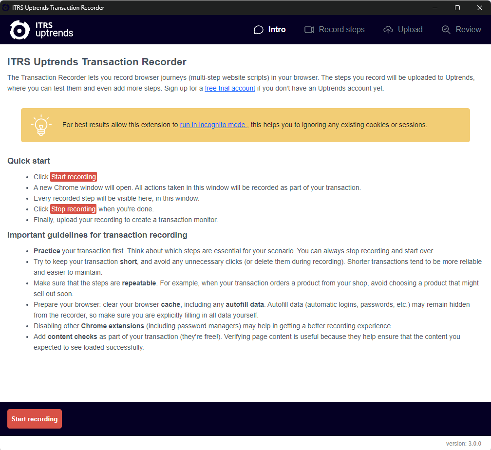 Screenshot Transaktionsrekorder Start