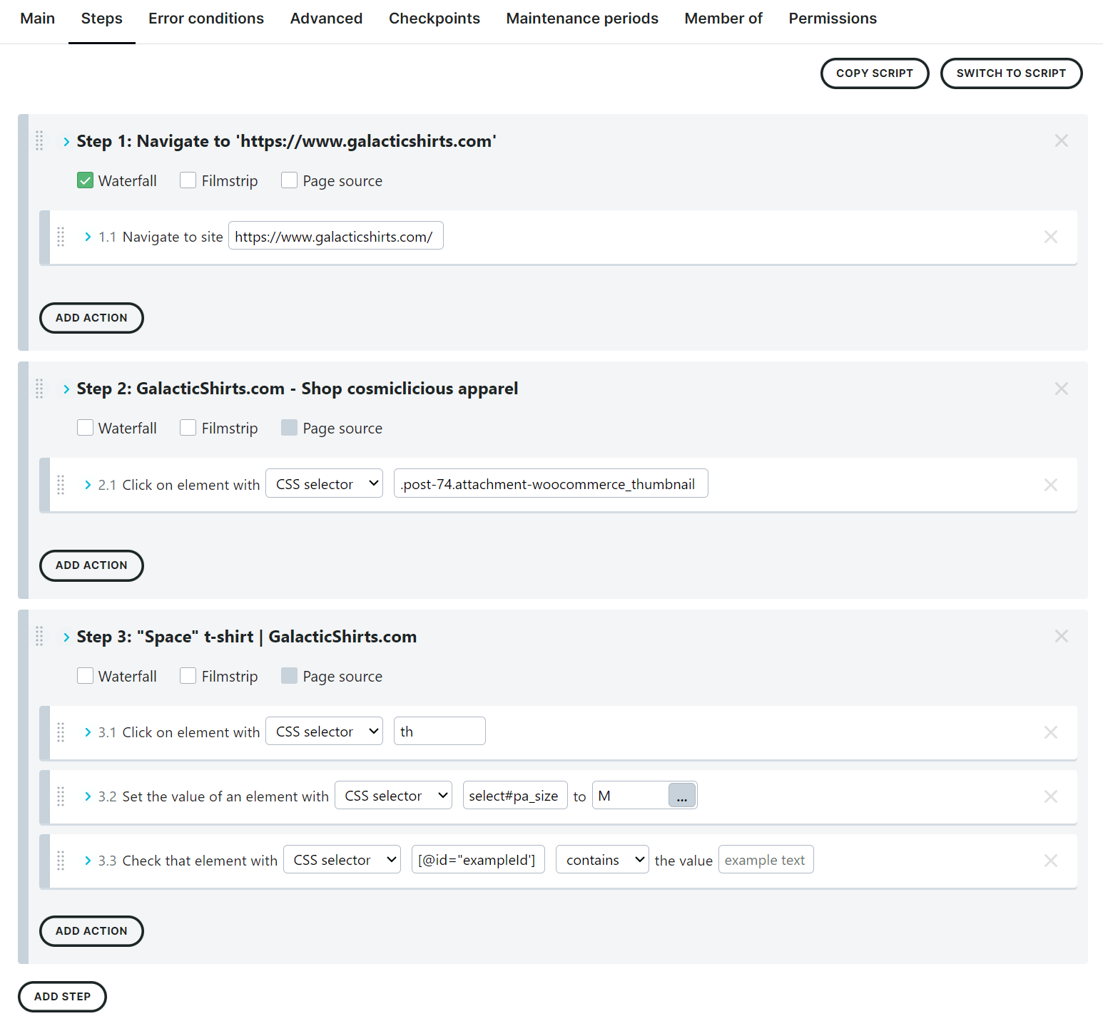 Screenshot Schritte-Editor für Transaktionen